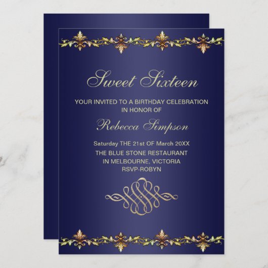 Royal Blue & Gold Leaf Verjaardag Uitnodiging (Voorkant / Achterkant)