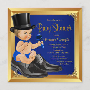 Royal Blue Gold Little Man Baby shower Kaart