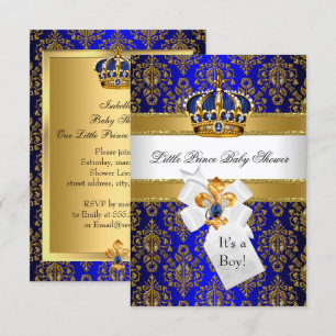 Royal Blue Gold Little Prince Crown Baby shower Kaart
