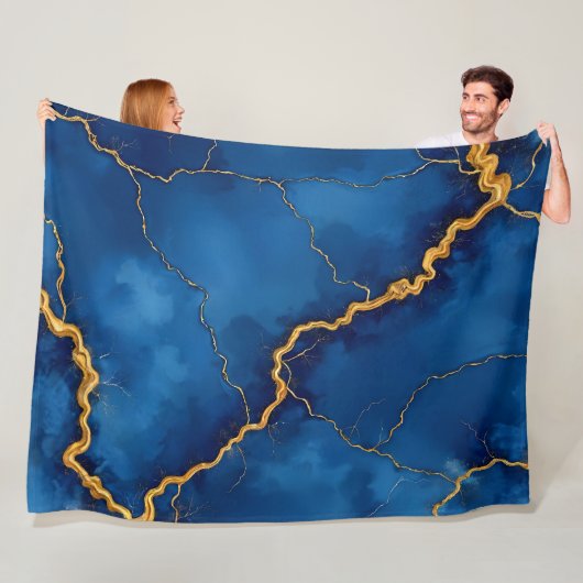 Royal Blue Gold Marble Collectie Fleece Deken (In situ)