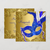 Royal Blue & Gold Masquerade Party Kaart (Voorkant / Achterkant)