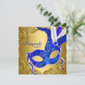 Royal Blue & Gold Masquerade Party Kaart (Staand voorkant)