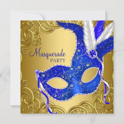 Royal Blue & Gold Masquerade Party Kaart (Voorkant)