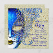 Royal Blue & Gold Masquerade Party Kaart (Voorkant / Achterkant)