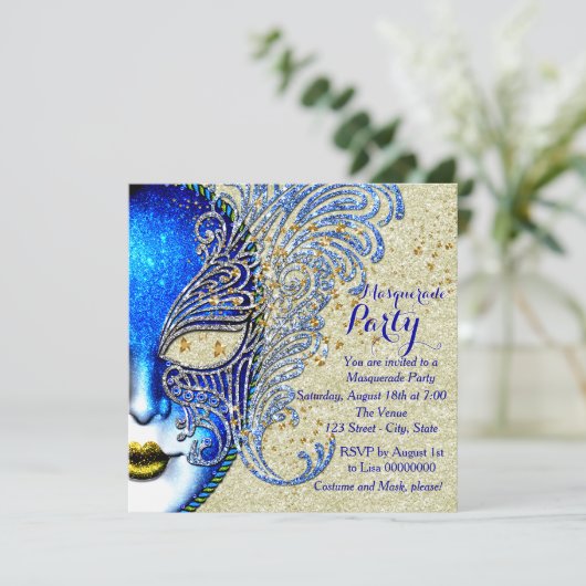 Royal Blue & Gold Masquerade Party Kaart (Staand voorkant)