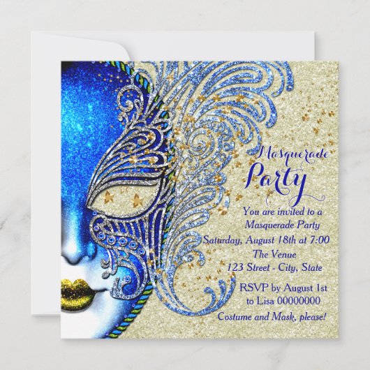 Royal Blue & Gold Masquerade Party Kaart (Voorkant)