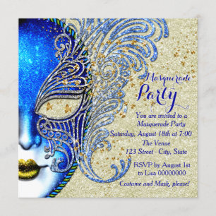 Royal Blue & Gold Masquerade Party Kaart