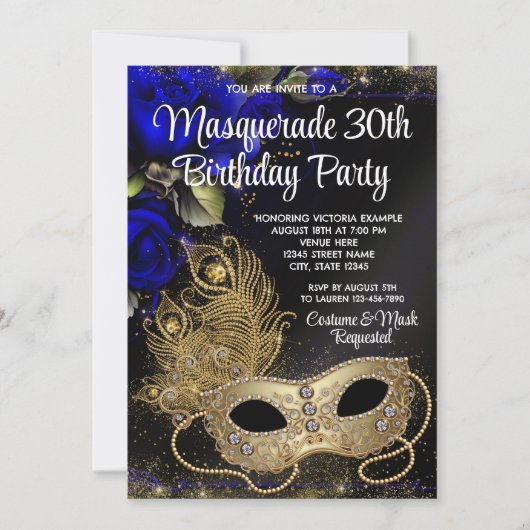Royal Blue Gold Masquerade Party Kaart (Voorkant)