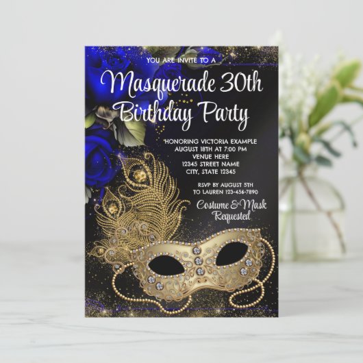 Royal Blue Gold Masquerade Party Kaart (Staand voorkant)