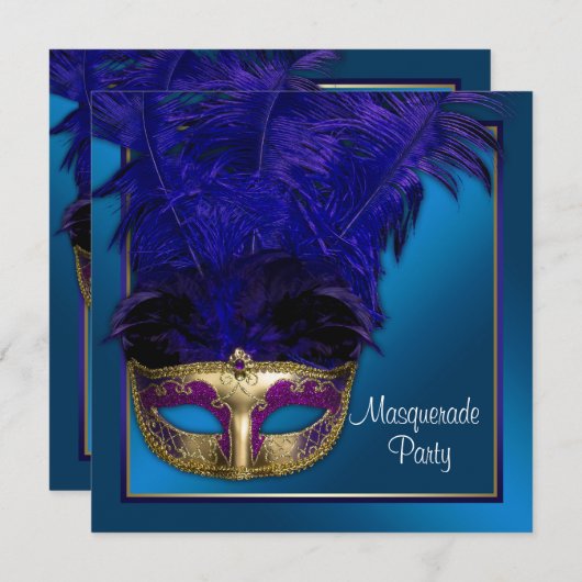 Royal Blue Gold Masquerade Party Uitnodigingen (Voorkant / Achterkant)