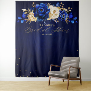 Royal Blue Gold Metallic Floral Vrijgezellenfeest  Wandkleed