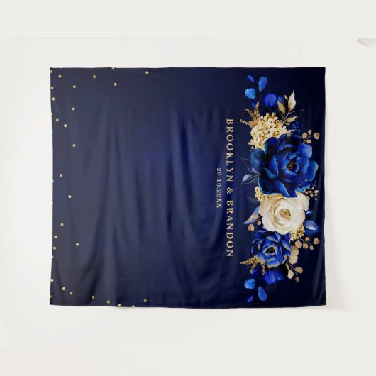 Royal Blue Gold Metallic Floral Weddenschap Tapest Wandkleed (Voorkant (horizontaal))