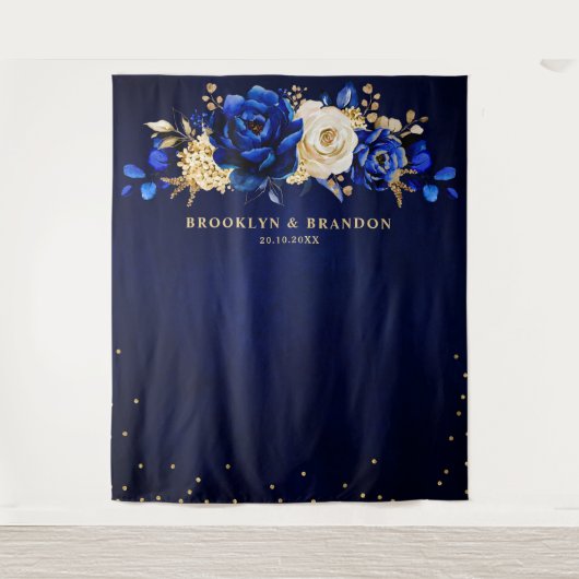 Royal Blue Gold Metallic Floral Weddenschap Tapest Wandkleed (Voorkant)