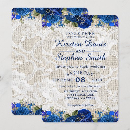 Royal Blue Gold Navy Floral Lace Rustic Wedding Kaart (Voorkant / Achterkant)