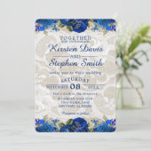 Royal Blue Gold Navy Floral Lace Rustic Wedding Kaart (Staand voorkant)