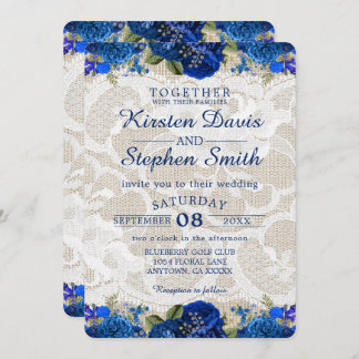 Royal Blue Gold Navy Floral Lace Rustic Wedding Kaart
