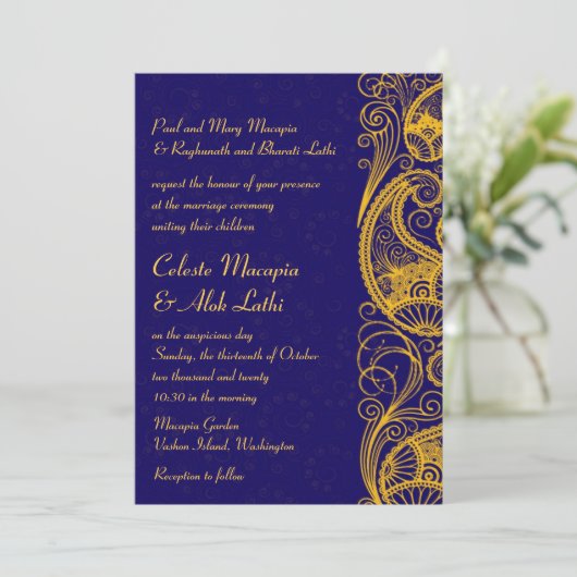 Royal Blue Gold Paisley Hindu Indian Wedding Kaart (Staand voorkant)