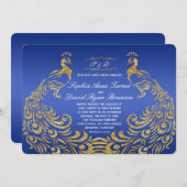 Royal Blue Gold Peacock Wedding Uitnodiging (Voorkant / Achterkant)