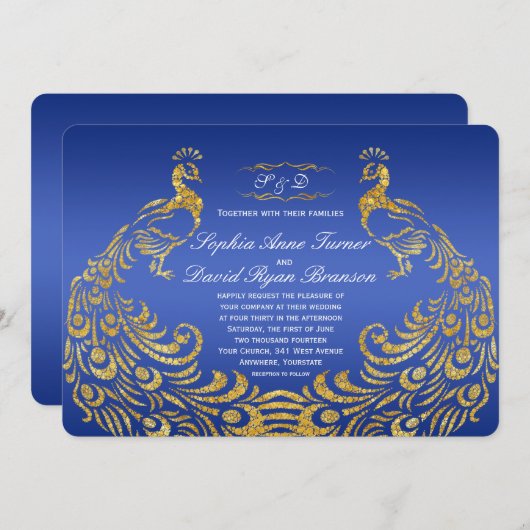 Royal Blue Gold Peacock Wedding Uitnodiging (Voorkant / Achterkant)