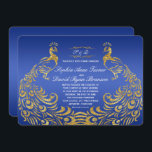 Royal Blue Gold Peacock Wedding Uitnodiging<br><div class="desc">Uniek ontwerp met een Royal Blue Gradient background en abstracte Gold Sparking Peacocks voor uw speciale bruiloft. Het zal een unieke indruk geven op je trouwstijl. Wees anders! Pas je eigen gegevens aan. Als u de tekst moet verplaatsen of de grootte, het lettertype of de kleur moet wijzigen, klikt u...</div>