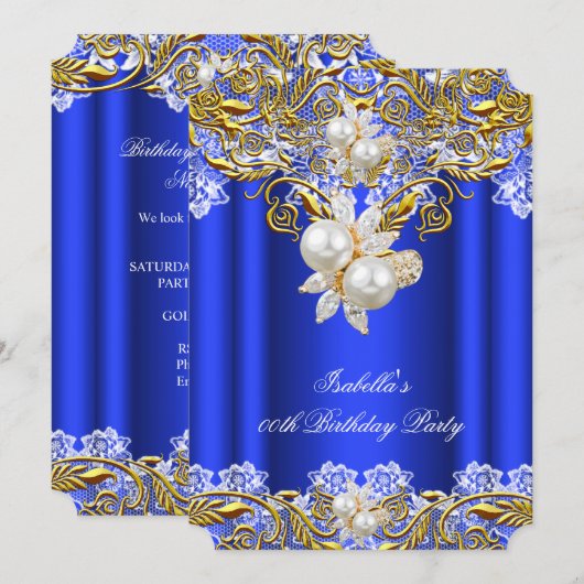 Royal Blue Gold Pearl Elegant Birthday Party 2 Kaart (Voorkant / Achterkant)