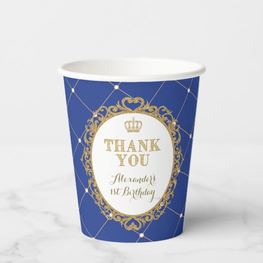 Royal Blue Gold Prince Baby Birthday Party Papieren Bekers (Achterkant)