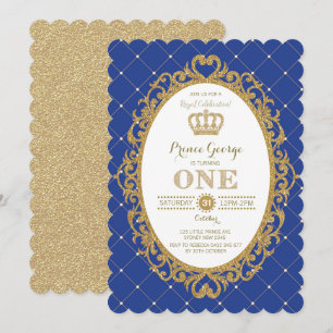 Royal Blue Gold Prince Baby Boy 1st Birthday Party Kaart