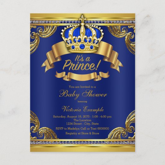Royal Blue Gold Prince Baby shower Briefkaart (Voorkant)