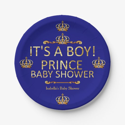 Royal Blue Gold Prince Baby shower is een jongen Papieren Bordje (Voorkant)