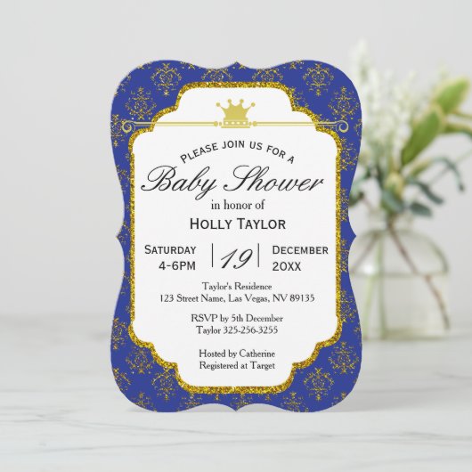 Royal Blue Gold Prince Baby shower Kaart (Staand voorkant)