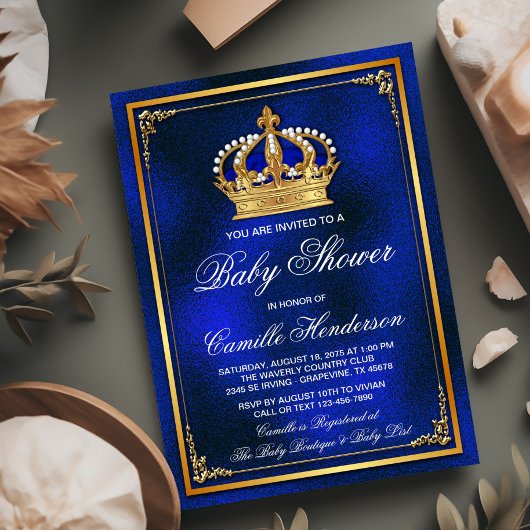 Royal Blue Gold Prince Baby shower Kaart