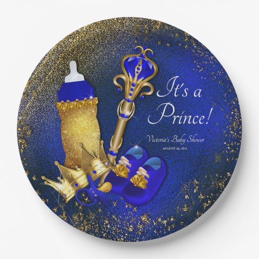 Royal Blue Gold Prince Baby shower Papieren Bordje (Voorkant)