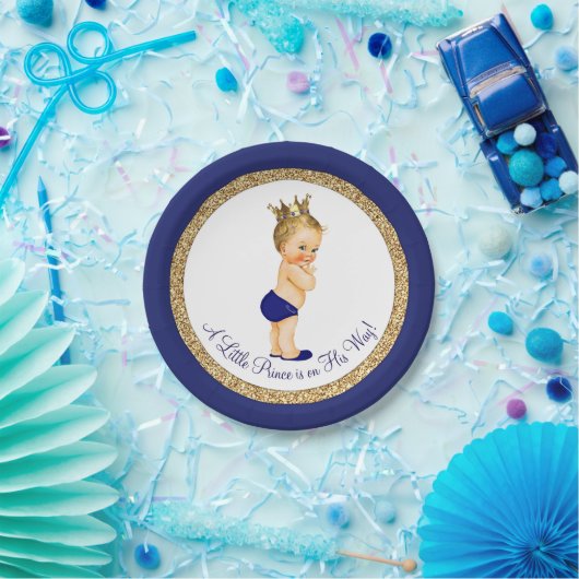 Royal Blue Gold Prince Baby shower Papieren Bordje (Feest)