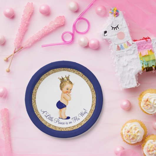 Royal Blue Gold Prince Baby shower Papieren Bordje (Feest)