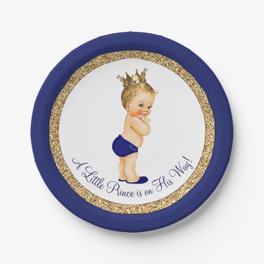 Royal Blue Gold Prince Baby shower Papieren Bordje (Voorkant)