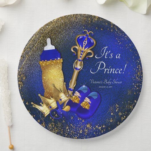 Royal Blue Gold Prince Baby shower Papieren Bordje