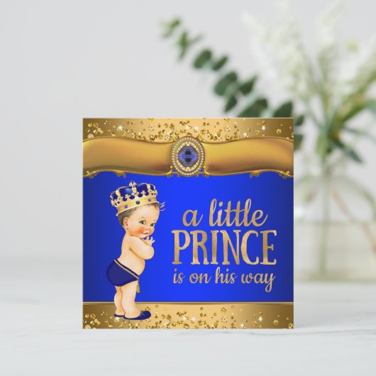 Royal Blue Gold Prince Baby Shower Uitnodigingen (Staand voorkant)