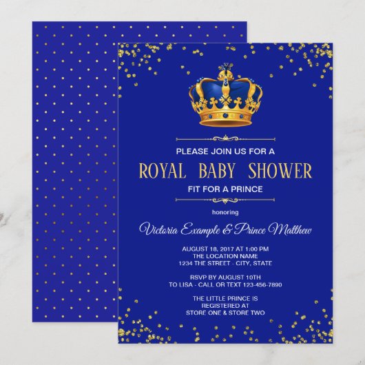 Royal Blue Gold Prince Baby Shower Uitnodigingen (Voorkant / Achterkant)