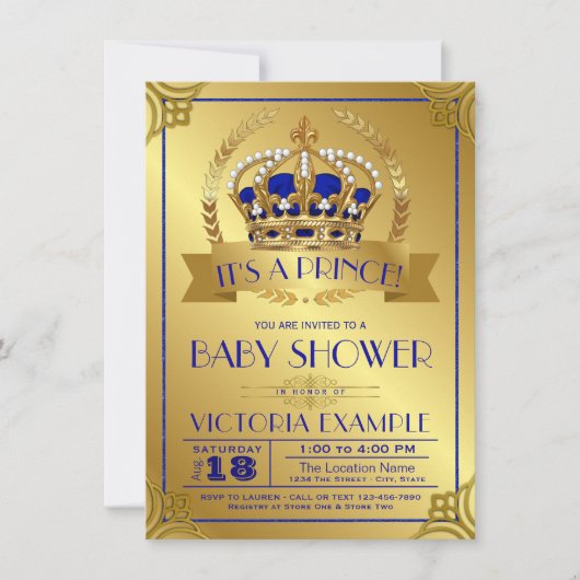 Royal Blue Gold Prince Baby Shower Uitnodigingen (Voorkant)
