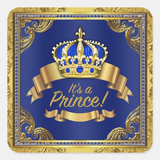 Royal Blue Gold Prince Baby shower Vierkante Sticker (Voorkant)