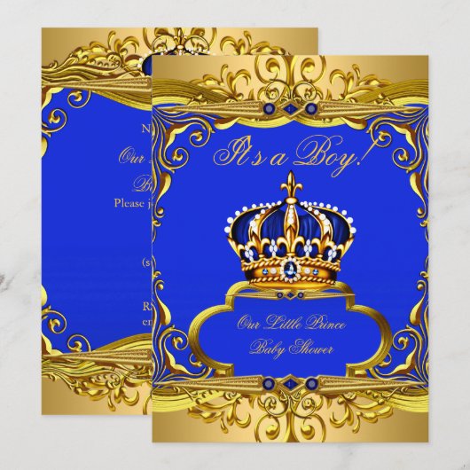 Royal Blue Gold Prince Crown Baby shower Boy Kaart (Voorkant / Achterkant)