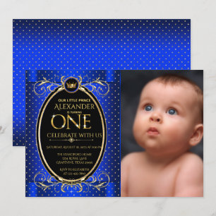 Royal Blue Gold Prince Foto First Birthday Party Kaart