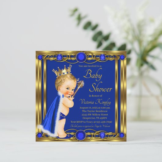 Royal Blue Gold Prince Jewel Baby shower Kaart (Staand voorkant)