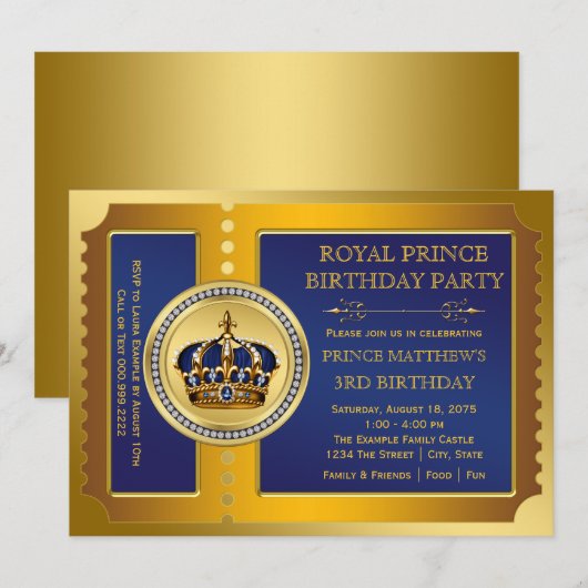Royal Blue & Gold Prince Verjaardagsfeest Kaart (Voorkant / Achterkant)