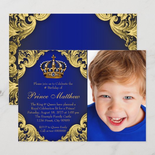Royal Blue Gold Prince Verjaardagsfeestje Uitnodig Kaart (Voorkant / Achterkant)
