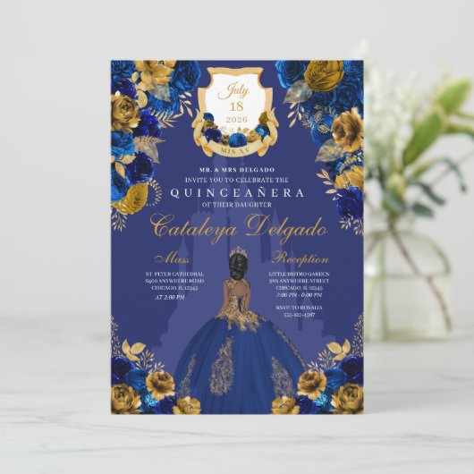 Royal Blue & Gold Princess Castle Quinceañera Kaart (Staand voorkant)