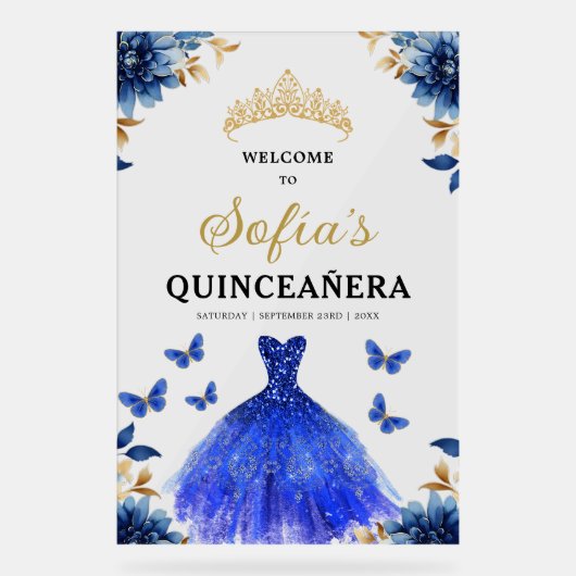Royal Blue Gold Princess Quinceañera Welkom Acryl Bord (Voorkant)