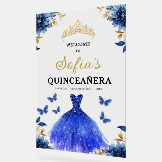 Royal Blue Gold Princess Quinceañera Welkom Acryl Bord (Hoek)