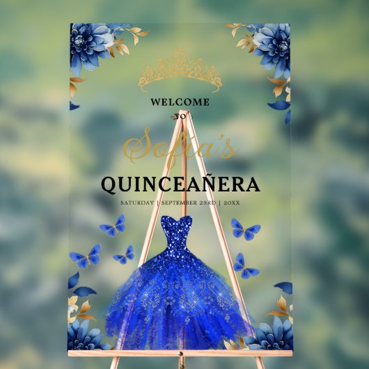 Royal Blue Gold Princess Quinceañera Welkom Acryl Bord (Neutraal)