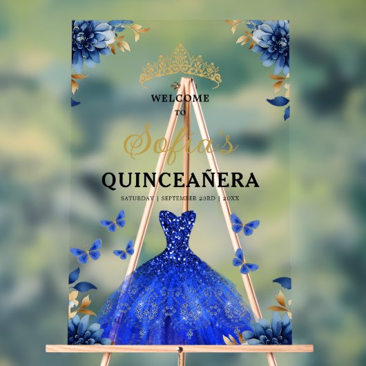 Royal Blue Gold Princess Quinceañera Welkom Acryl Bord (Neutraal)